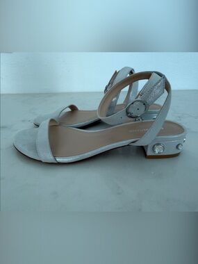 Stuart Weitzman Silver-Tone Ankle Strap Sandals with Gem Accent